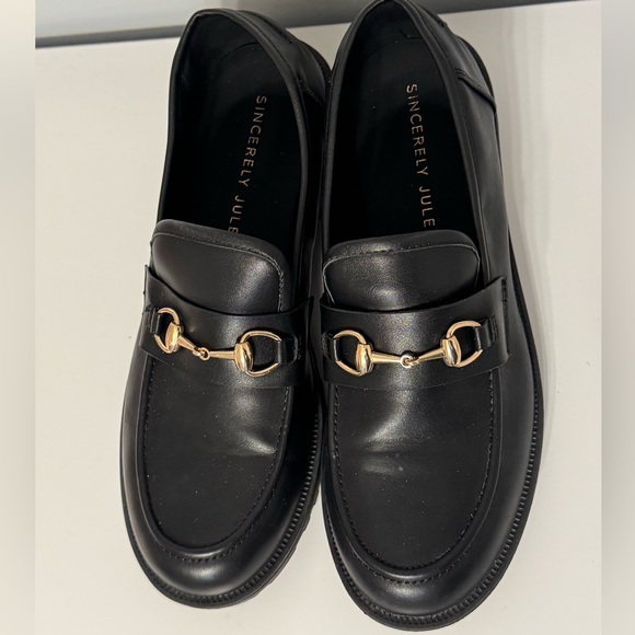 Sincerly Jules Shoes - Sincerely Jules Romeo Black Faux Leather Loafers with Gold Accents